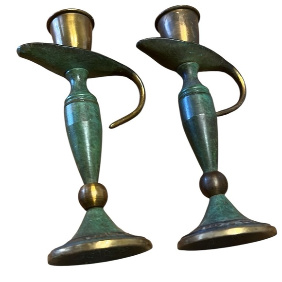 Brass Turquoise Patina Candle Holders Sticks Made in Israel. Hebrew writing. 5” - Picture 1 of 8